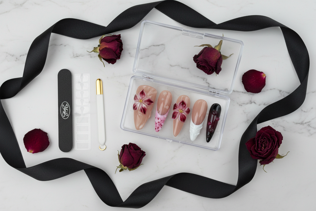 Luxury acrylic box unboxing nude blush hand-painted floral black gold custom press-on nails with accessories — LuxepressCo