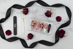 Luxury acrylic box unboxing nude blush hand-painted floral black gold custom press-on nails with accessories — LuxepressCo