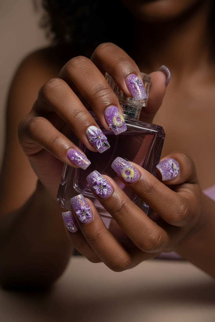 Purple glazed donut custom press-on nails lifestyle dark skin 10 fingers holding purple perfume — LuxepressCo