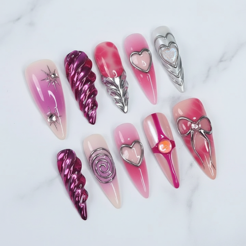 Full set 10 stiletto angel wing heart chrome press-on nails pink purple marble studio custom press-on nails — LuxepressCo