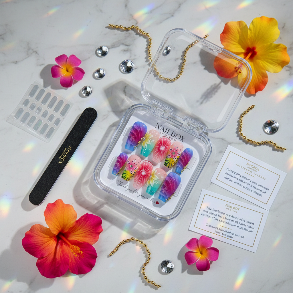 Luxury unboxing acrylic nail box rainbow aurora tropical square press-on nails with hibiscus gold chain crystal rainbow props — LuxepressCo