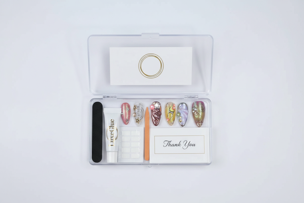 LuxepressCo acrylic packaging box open with aurora holographic press-on nails set and accessories — LuxepressCo
