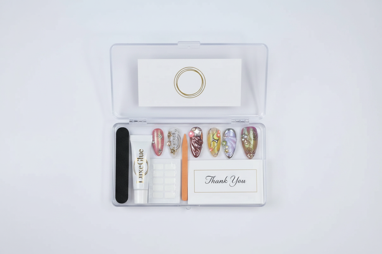 LuxepressCo acrylic packaging box open with aurora holographic press-on nails set and accessories — LuxepressCo