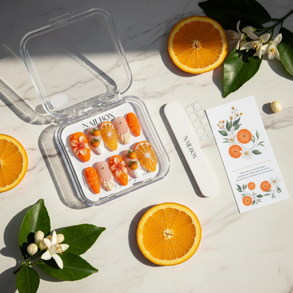 Luxury unboxing acrylic nail box orange floral citrus press-on nails with orange slices and blossoms — LuxepressCo