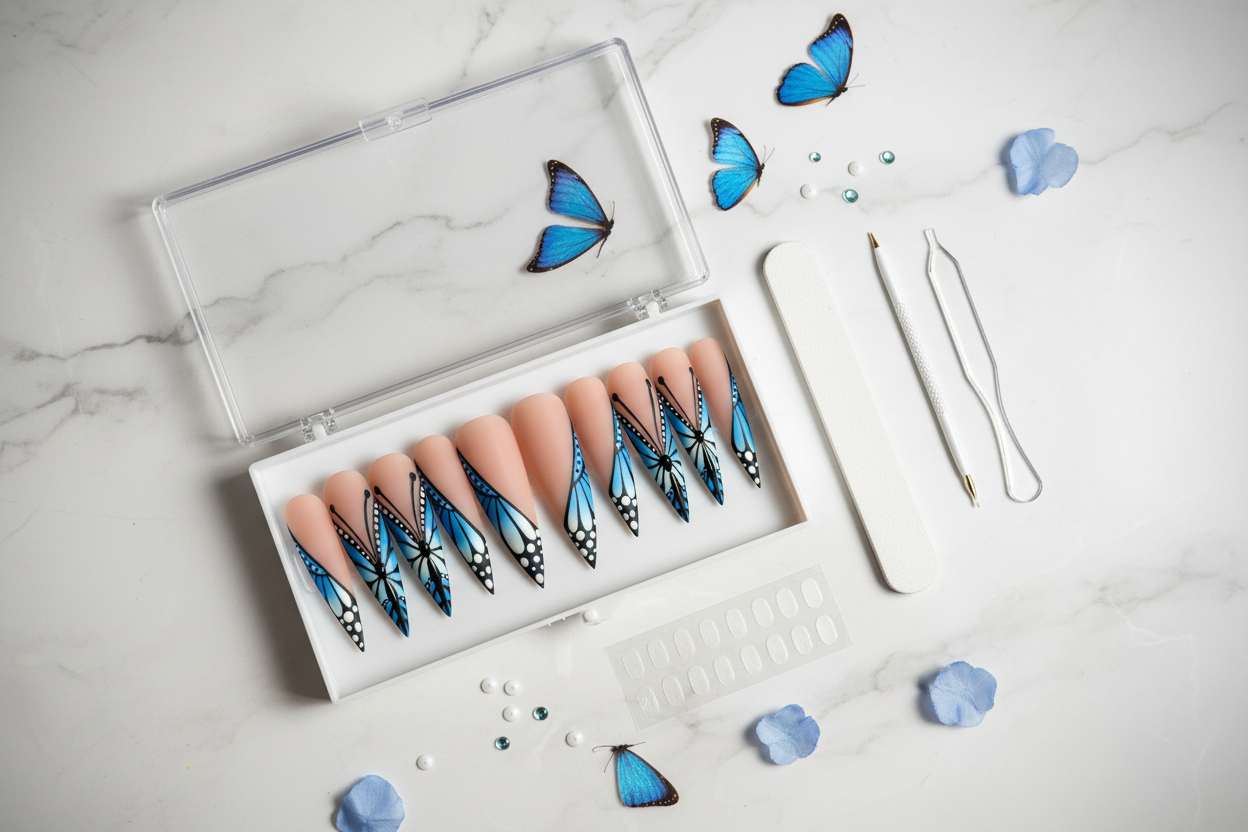 Luxury unboxing acrylic box blue morpho butterfly wing stiletto press-on nails with accessories — LuxepressCo
