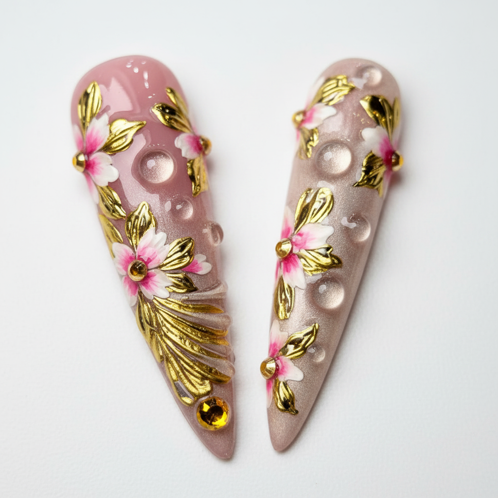 Macro close-up 3D gold floral angel wing pearl bubble amber rhinestone bridal custom press-on nails — LuxepressCo