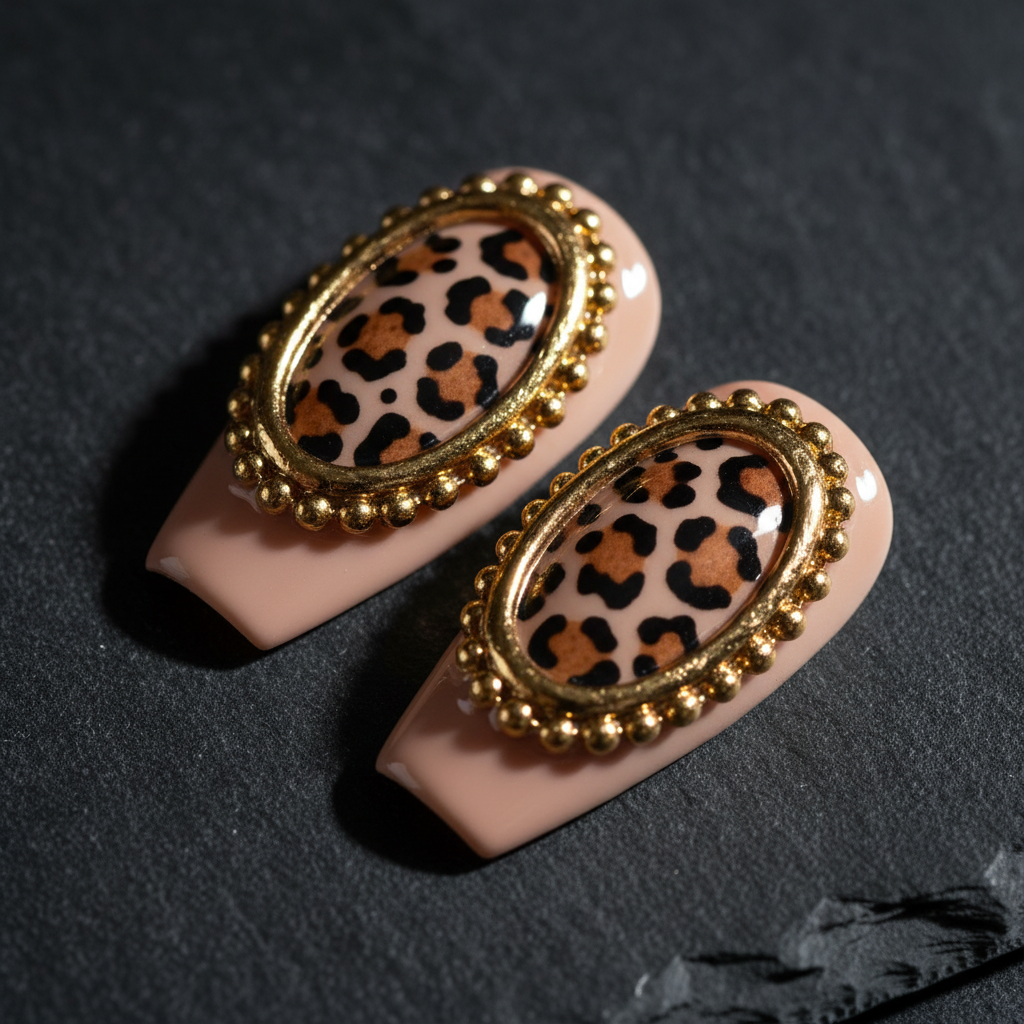 Close-up macro 3D gold oval frame leopard print gold bead cluster nude base square custom press-on nails dramatic lighting — LuxepressCo