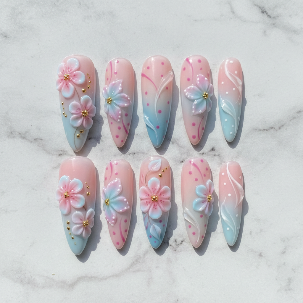 Flat lay top-down full set 10 cherry blossom press-on nails pink blue ombre marble background — LuxepressCo