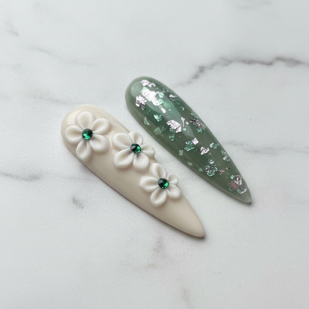 3D white flower emerald gem and holographic foil custom press-on nails macro marble — LuxepressCo