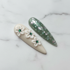 3D white flower emerald gem and holographic foil custom press-on nails macro marble — LuxepressCo