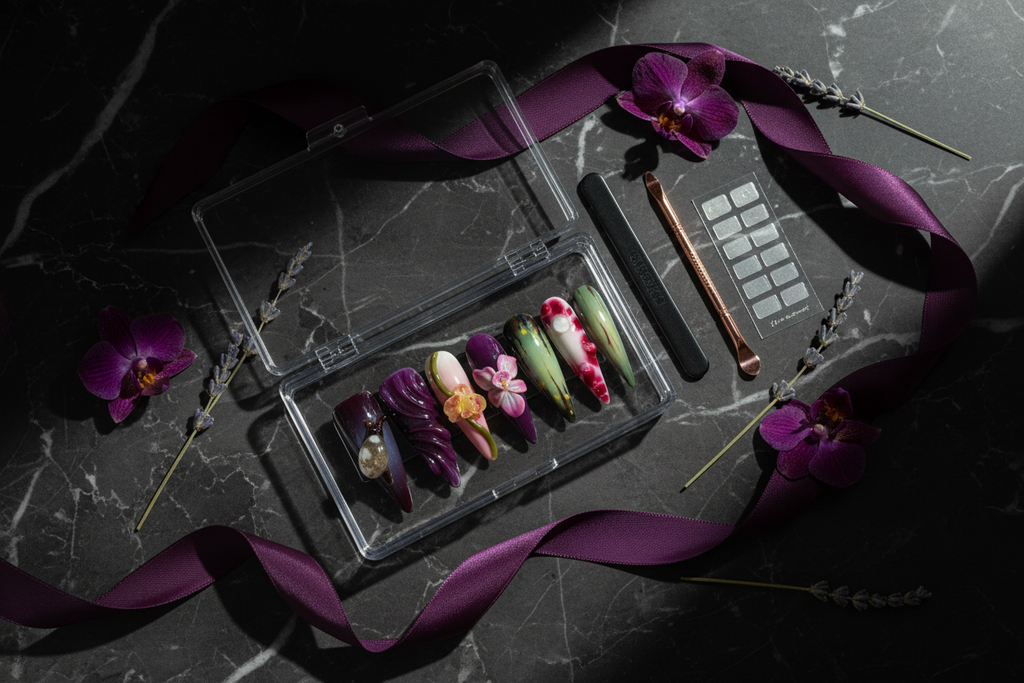 Luxury dark marble unboxing dark purple 3D floral crystal stiletto custom press-on nails with accessories — LuxepressCo