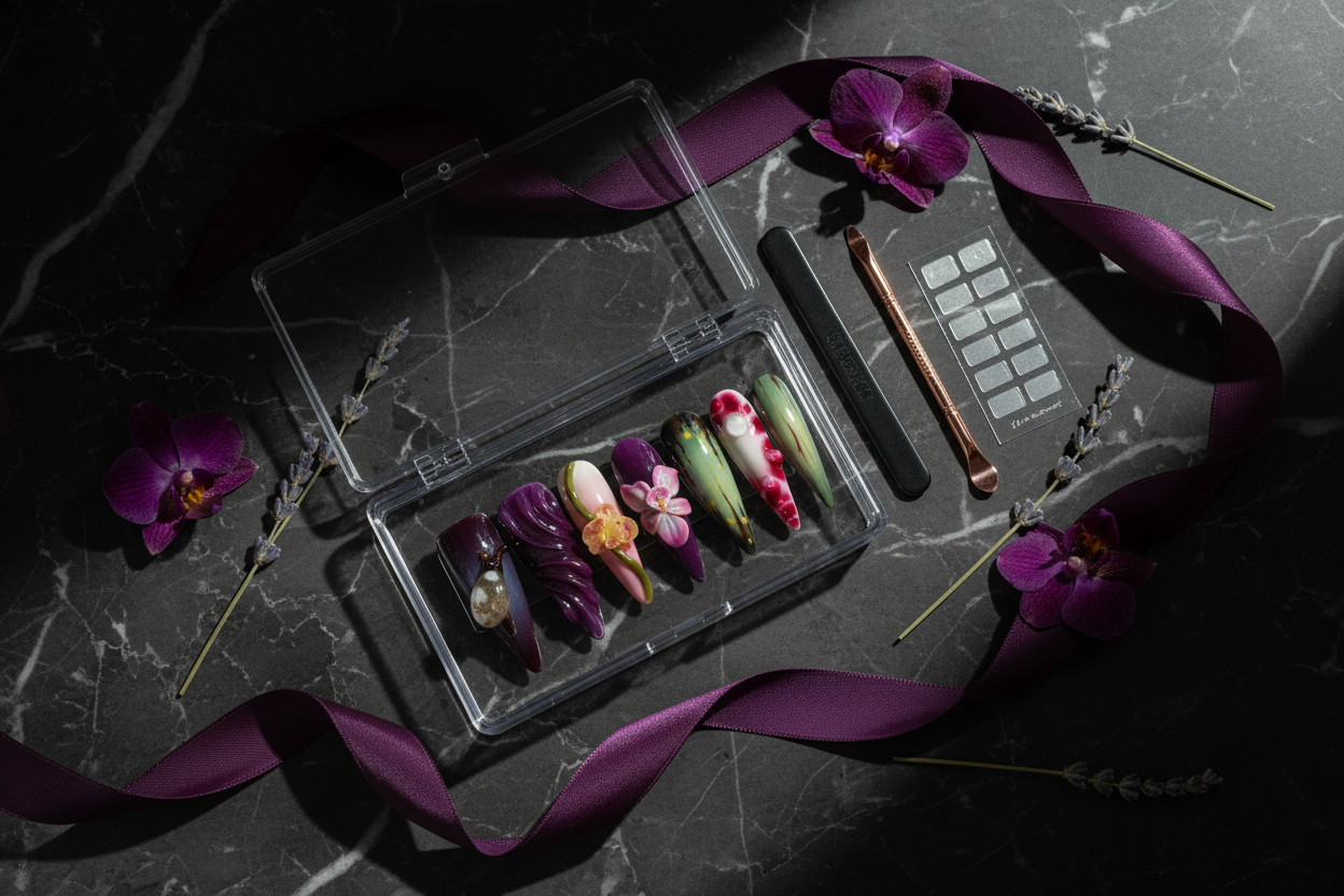 Luxury dark marble unboxing dark purple 3D floral crystal stiletto custom press-on nails with accessories — LuxepressCo