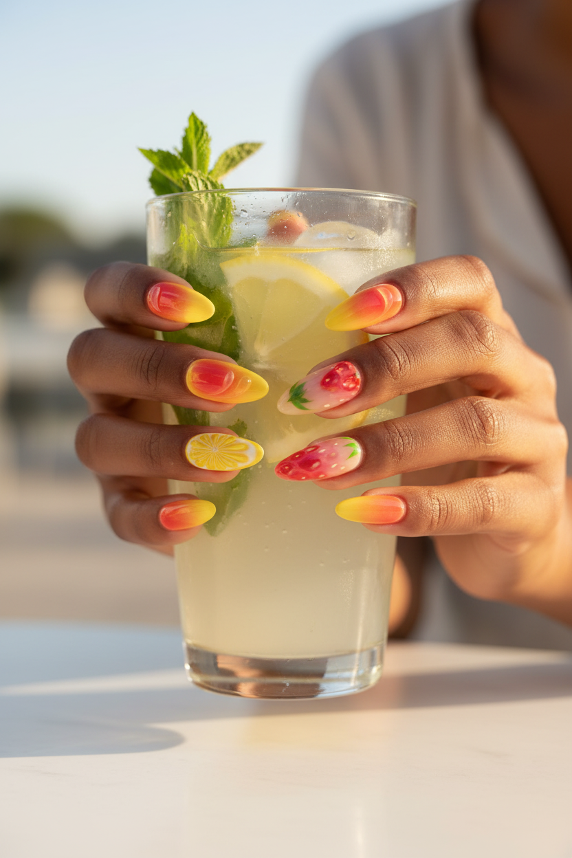 Dark skin hands wearing sunny citrus jelly custom press-on nails holding lemonade glass with ice — LuxepressCo