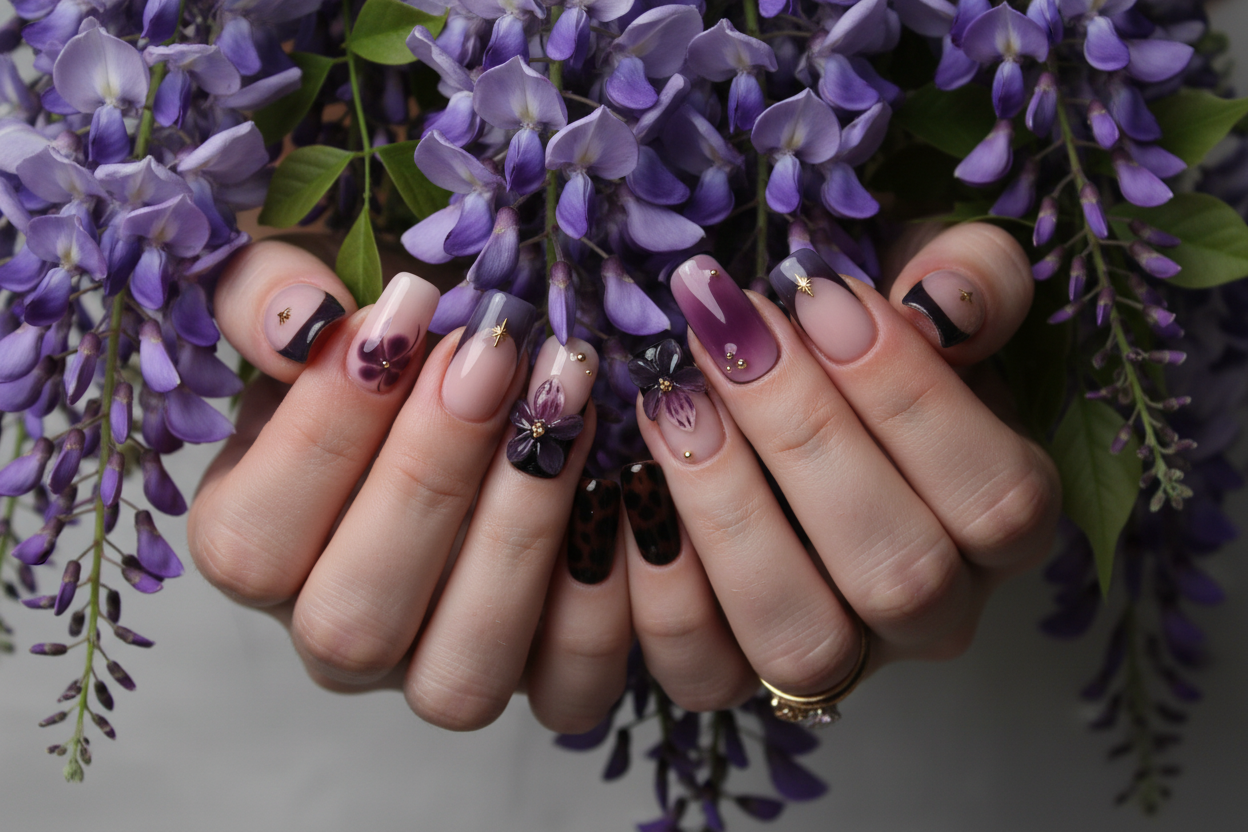 Fair-skin hands wearing purple ombre bow violet flower gold star custom press-on nails holding deep purple wisteria — LuxepressCo