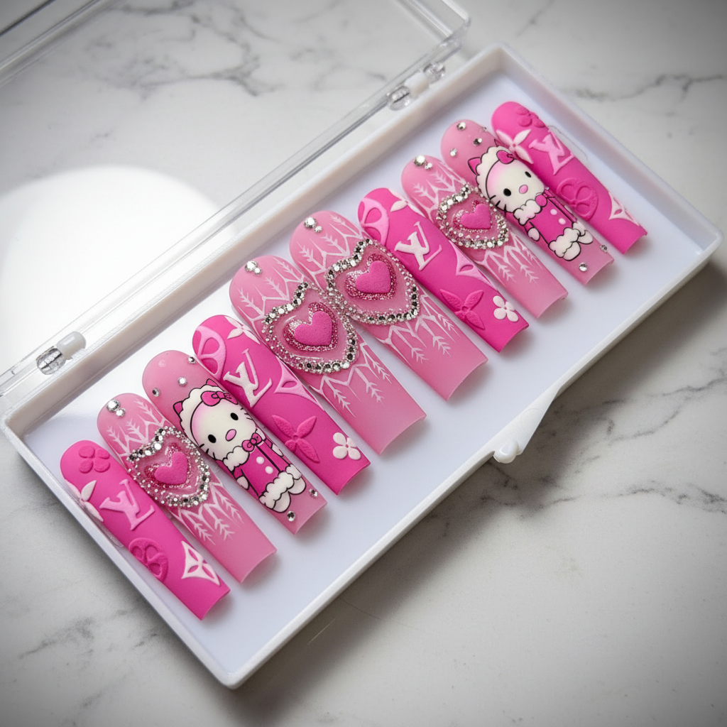 Kawaii kitty luxury monogram hot pink crystal rhinestone heart chain custom press-on nails coffin full set on marble — LuxepressCo