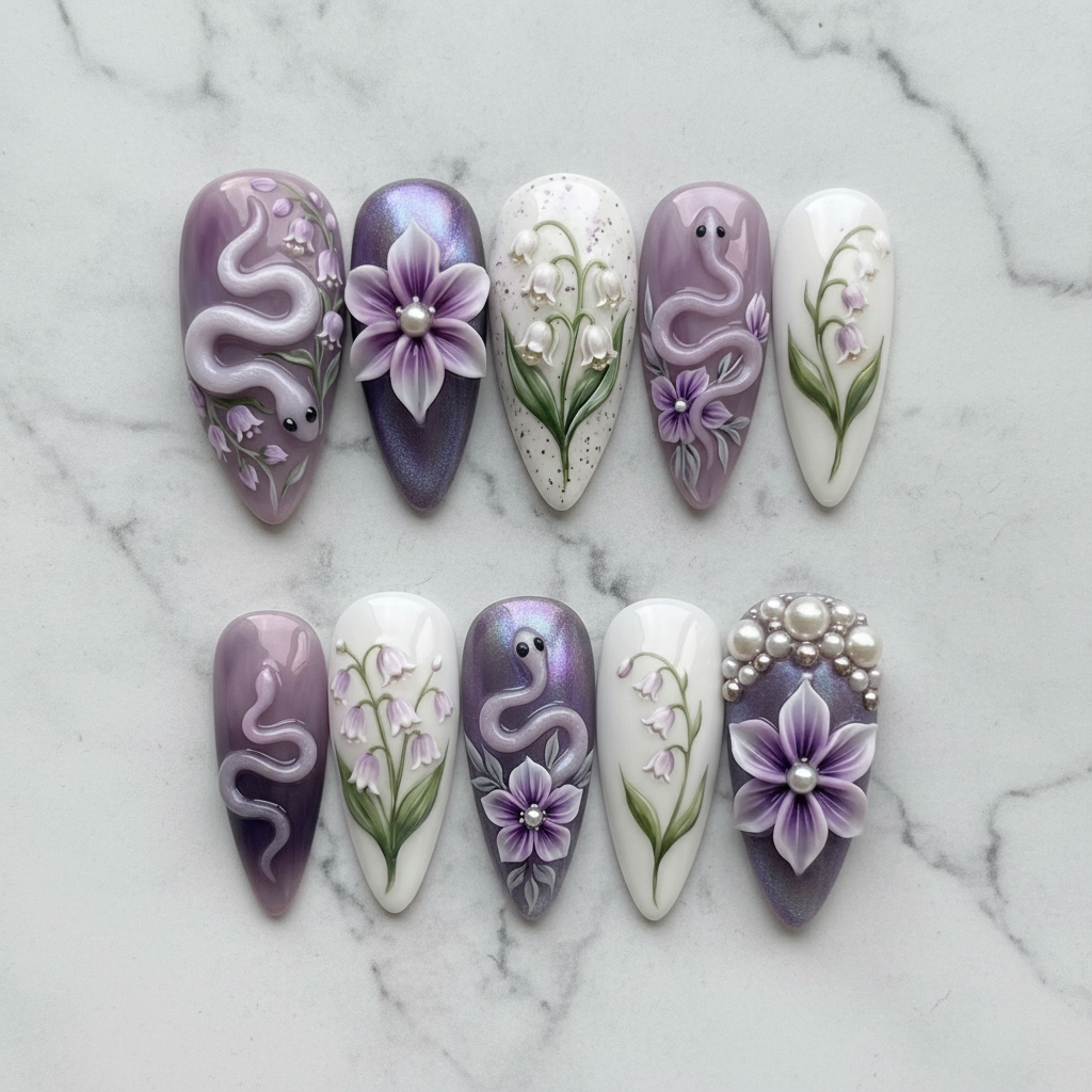 Flat lay top-down full set 10 purple snake botanical custom press-on nails marble — LuxepressCo