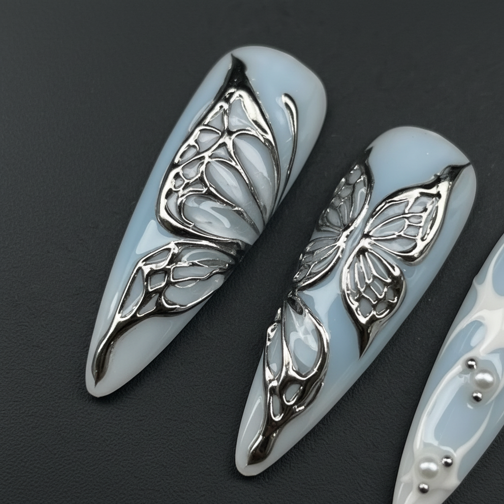 Macro close-up silver chrome butterfly wing 3D custom press-on nails pearl accents dark background — LuxepressCo
