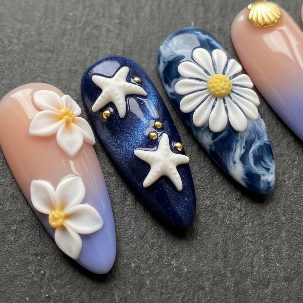 Macro close-up navy blue shimmer 3D starfish and lavender plumeria custom press-on nails — LuxepressCo