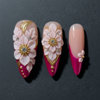 Macro close-up 3D flower rhinestone custom press-on nails hot pink dramatic lighting — LuxepressCo