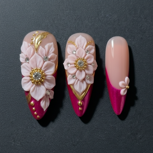 Macro close-up 3D flower rhinestone custom press-on nails hot pink dramatic lighting — LuxepressCo
