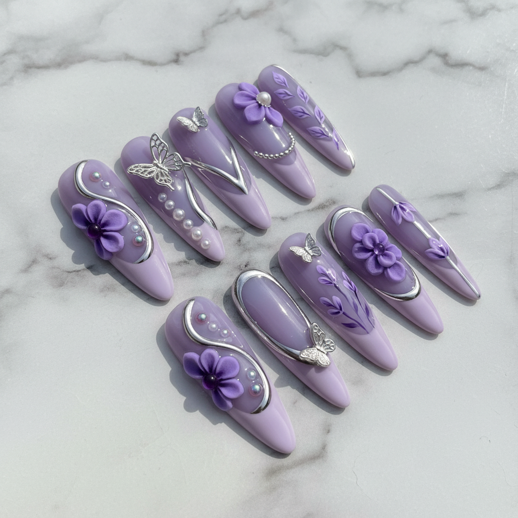 Full set 10 purple 3D butterfly floral press-on nails on marble background custom press-on nails lavender silver chrome — LuxepressCo