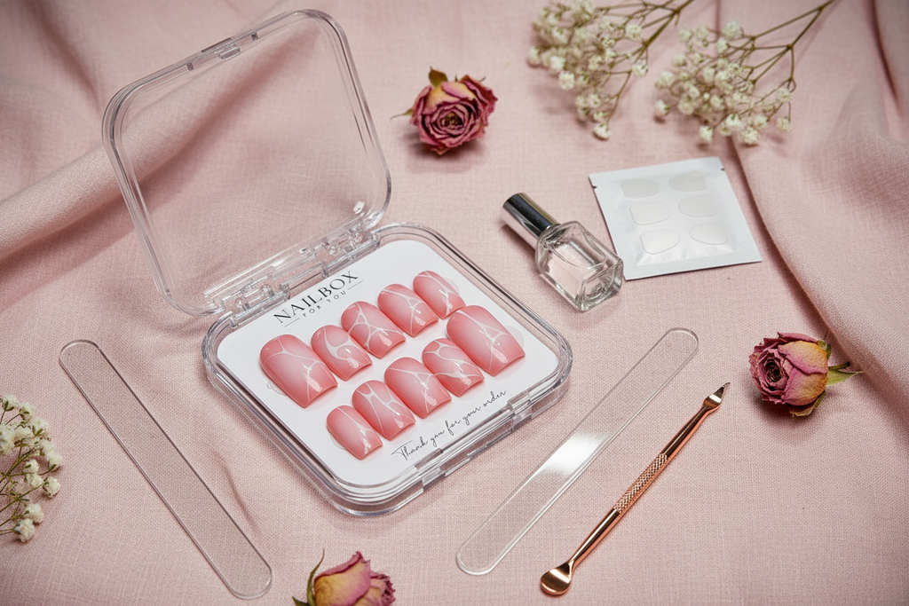 Luxury unboxing acrylic box pink marble web press-on nails with accessories on blush linen dried roses — LuxepressCo