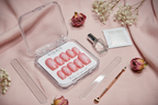 Luxury unboxing acrylic box pink marble web press-on nails with accessories on blush linen dried roses — LuxepressCo