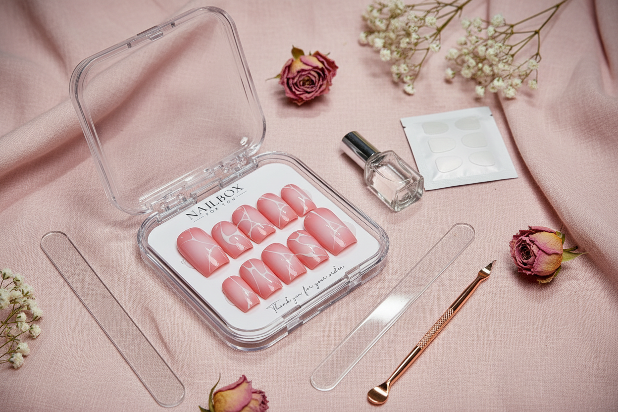 Luxury unboxing acrylic box pink marble web press-on nails with accessories on blush linen dried roses — LuxepressCo