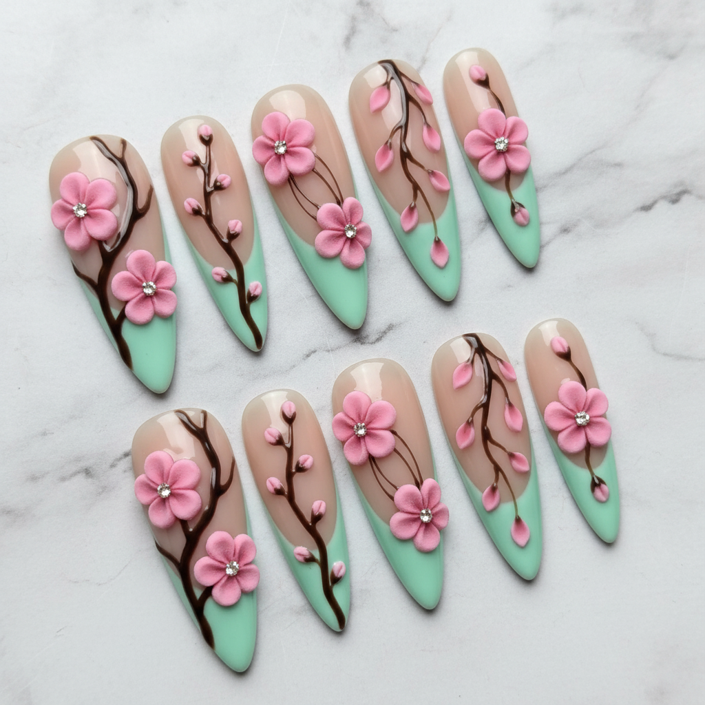 3D cherry blossom mint green ombre press-on nails hero shot white marble studio custom press-on nails — LuxepressCo