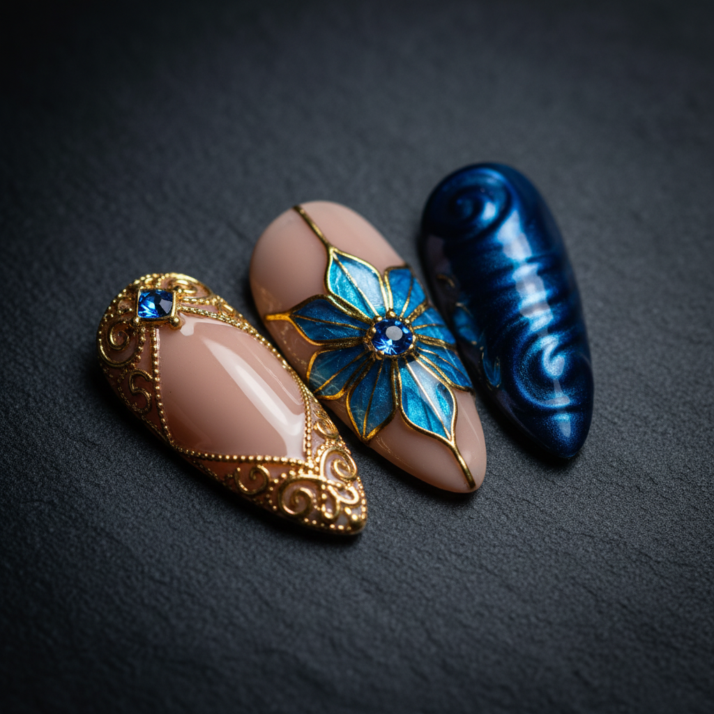 Close-up macro 3D gold metal frame blue stained-glass flower sapphire rhinestone custom press-on nails — LuxepressCo