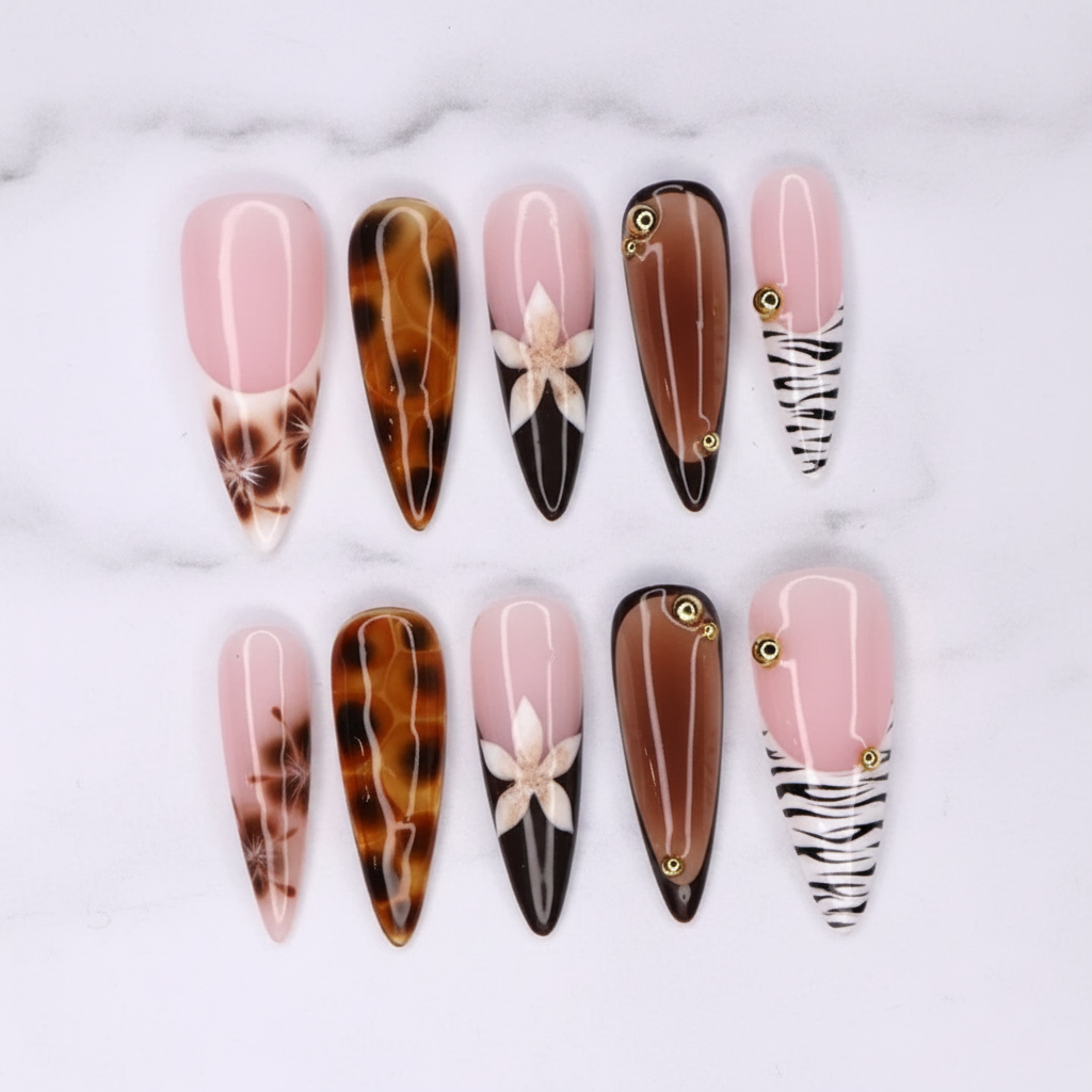 Full set 10 tortoiseshell floral zebra almond stiletto custom press-on nails on marble — LuxepressCo