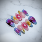 Full set 10 aurora purple blue pink 3D daisy citrus gold bead custom press-on nails on marble — LuxepressCo