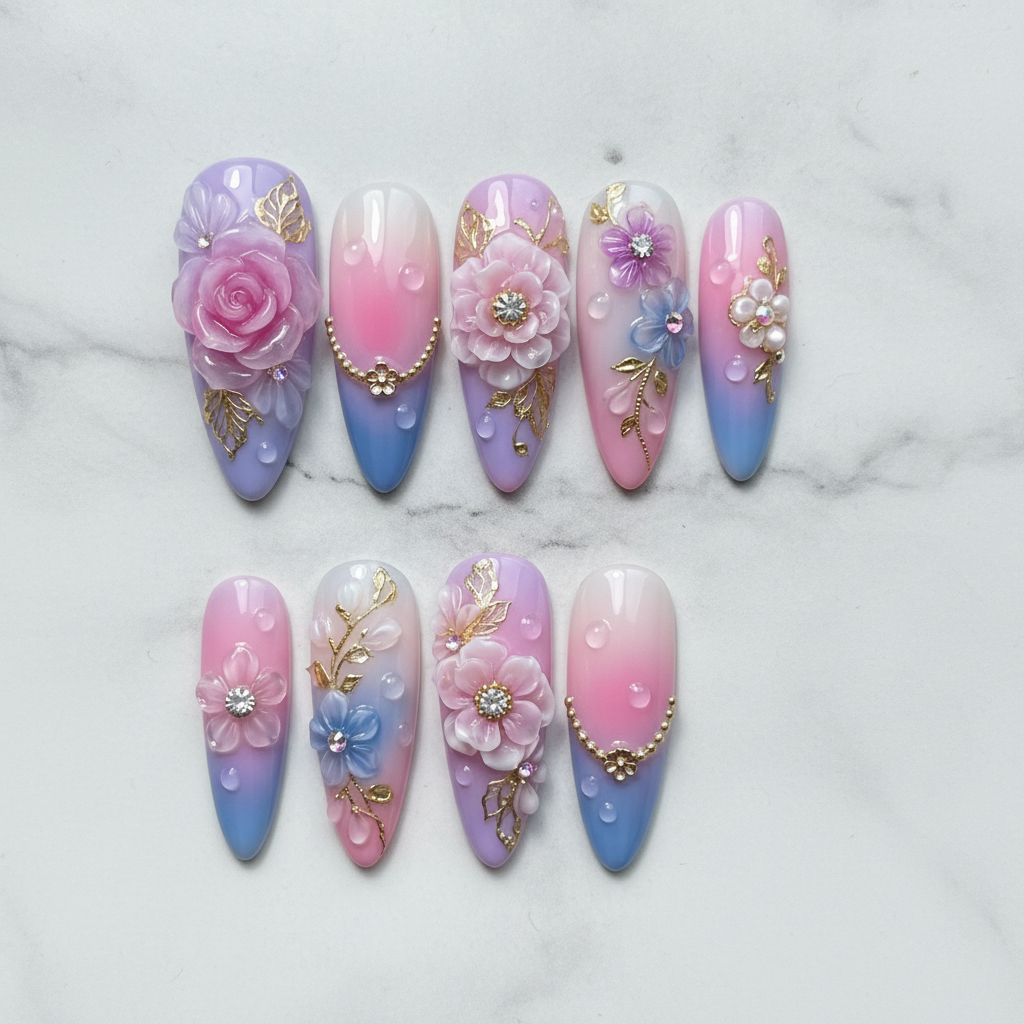 Flat lay top-down full set 10 reusable custom press-on nails 3D floral rhinestone pink purple ombre almond shape — LuxepressCo