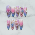 Flat lay top-down full set 10 reusable custom press-on nails 3D floral rhinestone pink purple ombre almond shape — LuxepressCo
