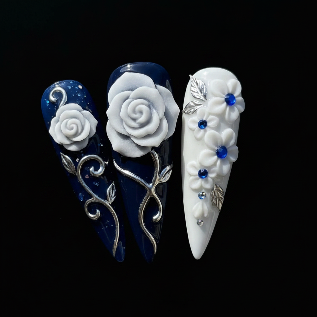 Close-up macro 3D white rose silver stem navy blue custom press-on nails dramatic lighting — LuxepressCo