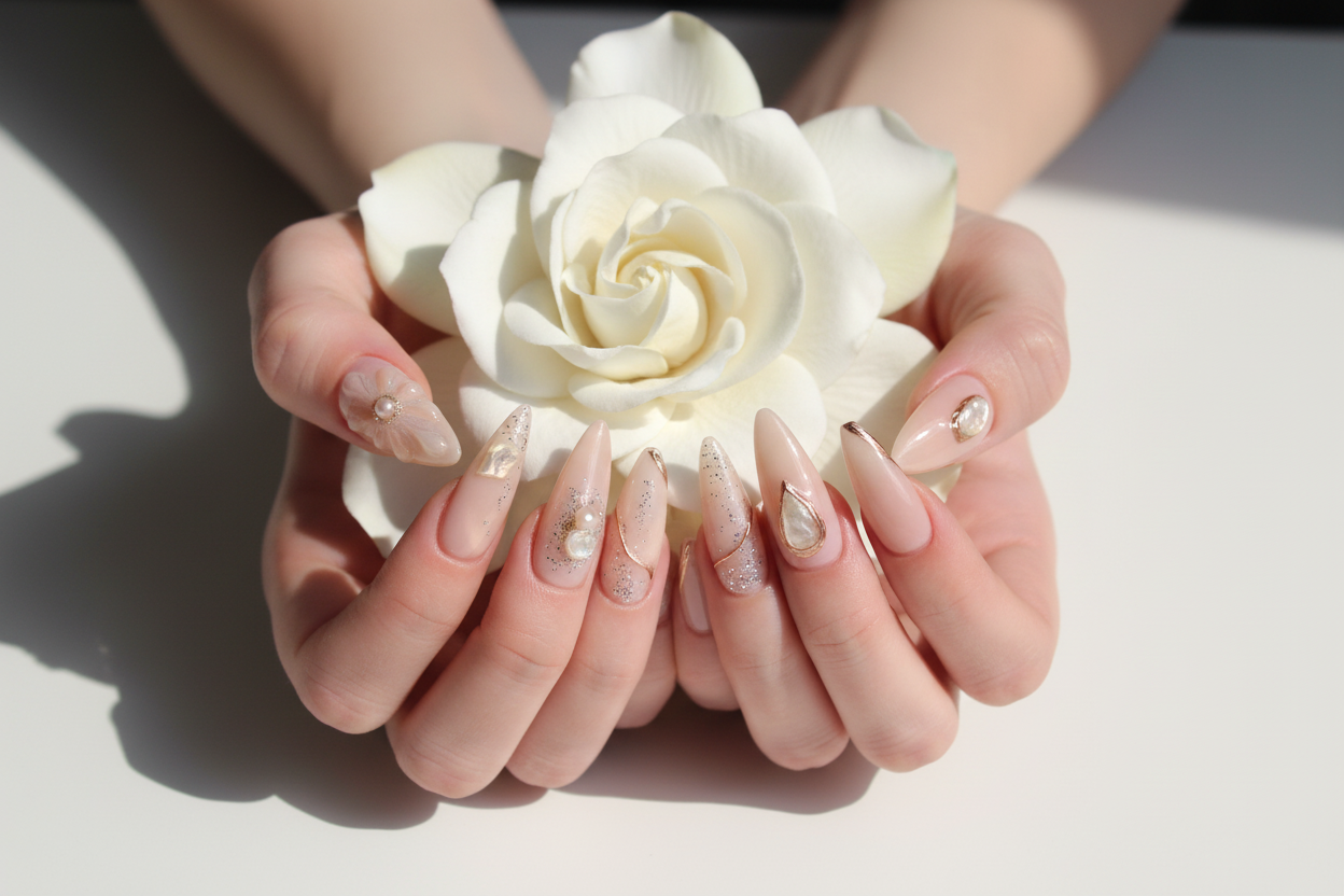 Fair-skin hands wearing nude gold camellia custom press-on nails holding cream gardenia flower — LuxepressCo