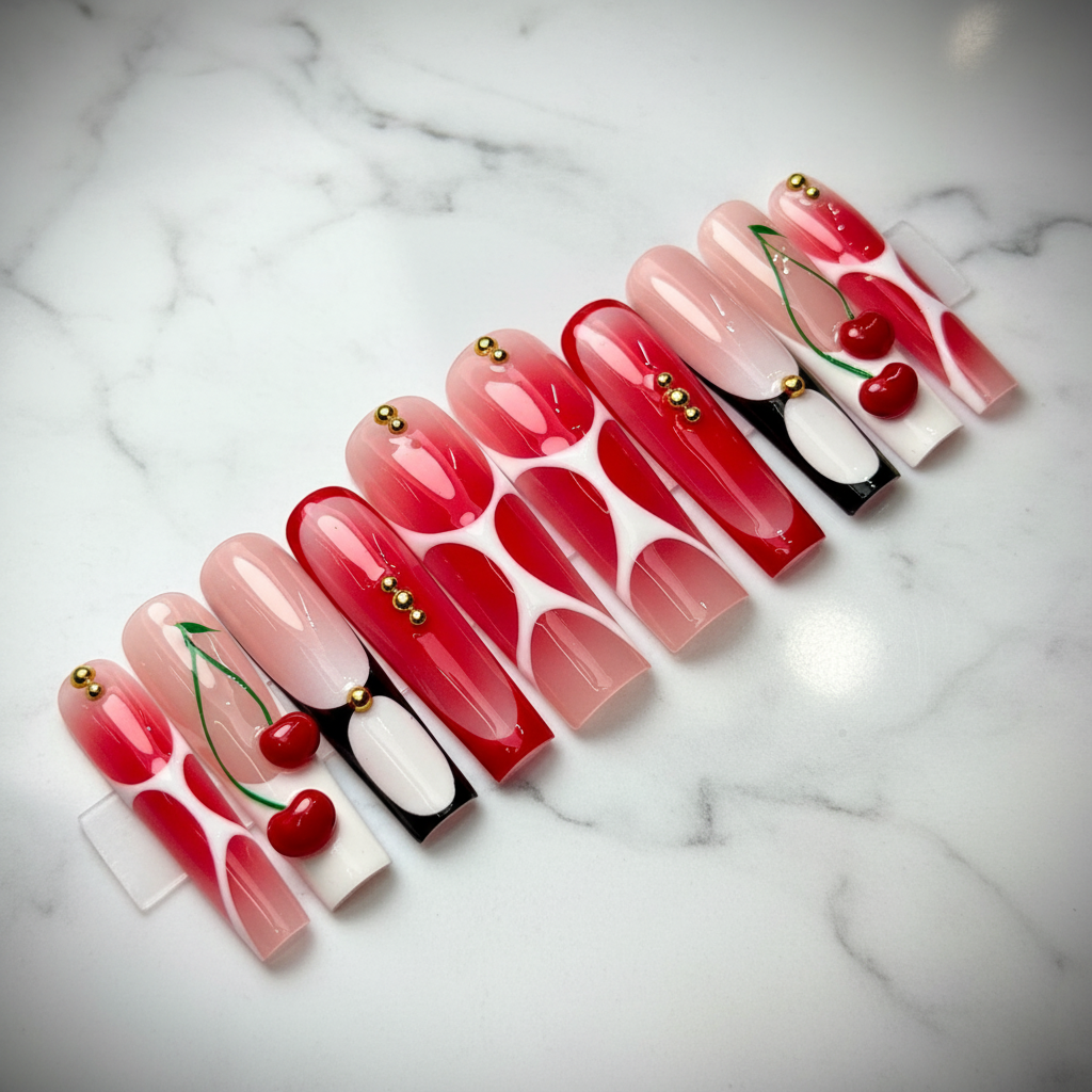 Cherry 3D charm jelly pink red ombre black french tip swirl custom press-on nails coffin full set on marble — LuxepressCo