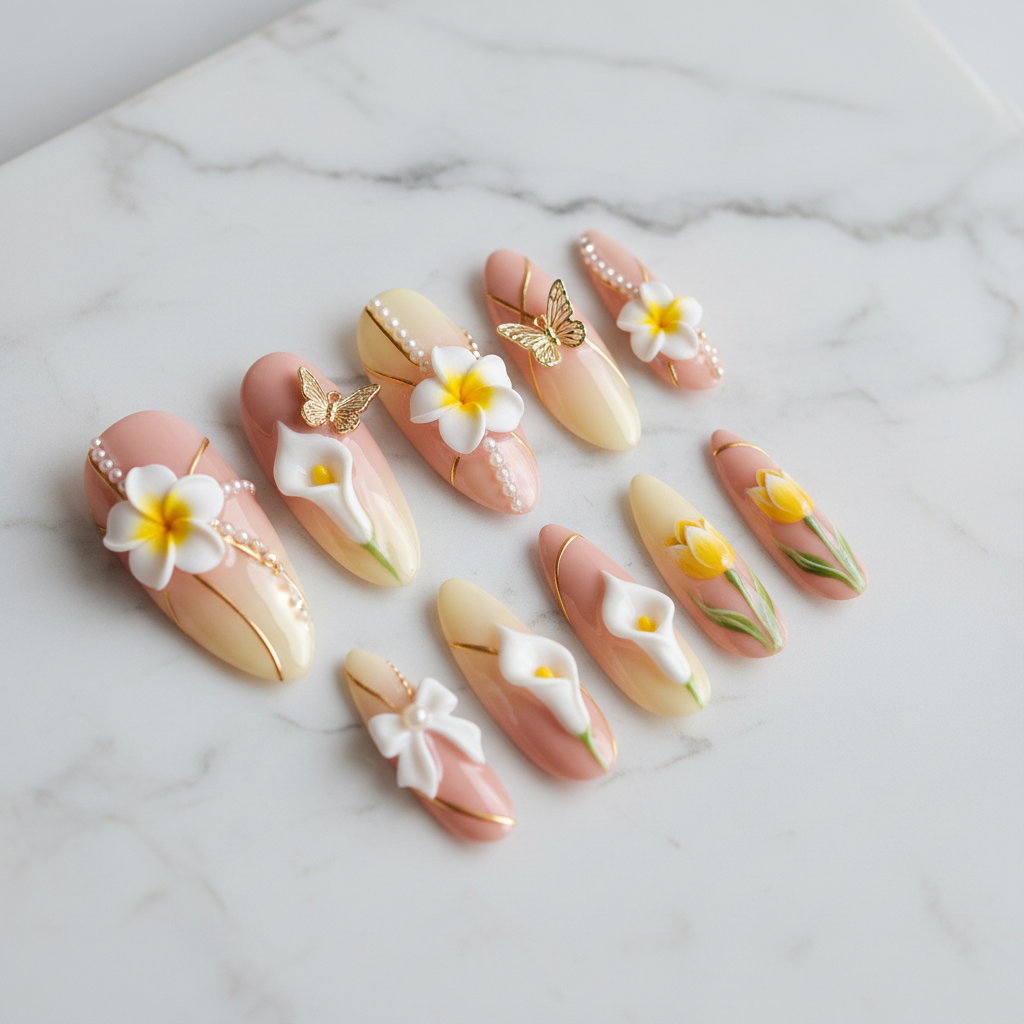 Full set 10 blush pink 3D floral pearl gold butterfly custom press-on nails on marble — LuxepressCo