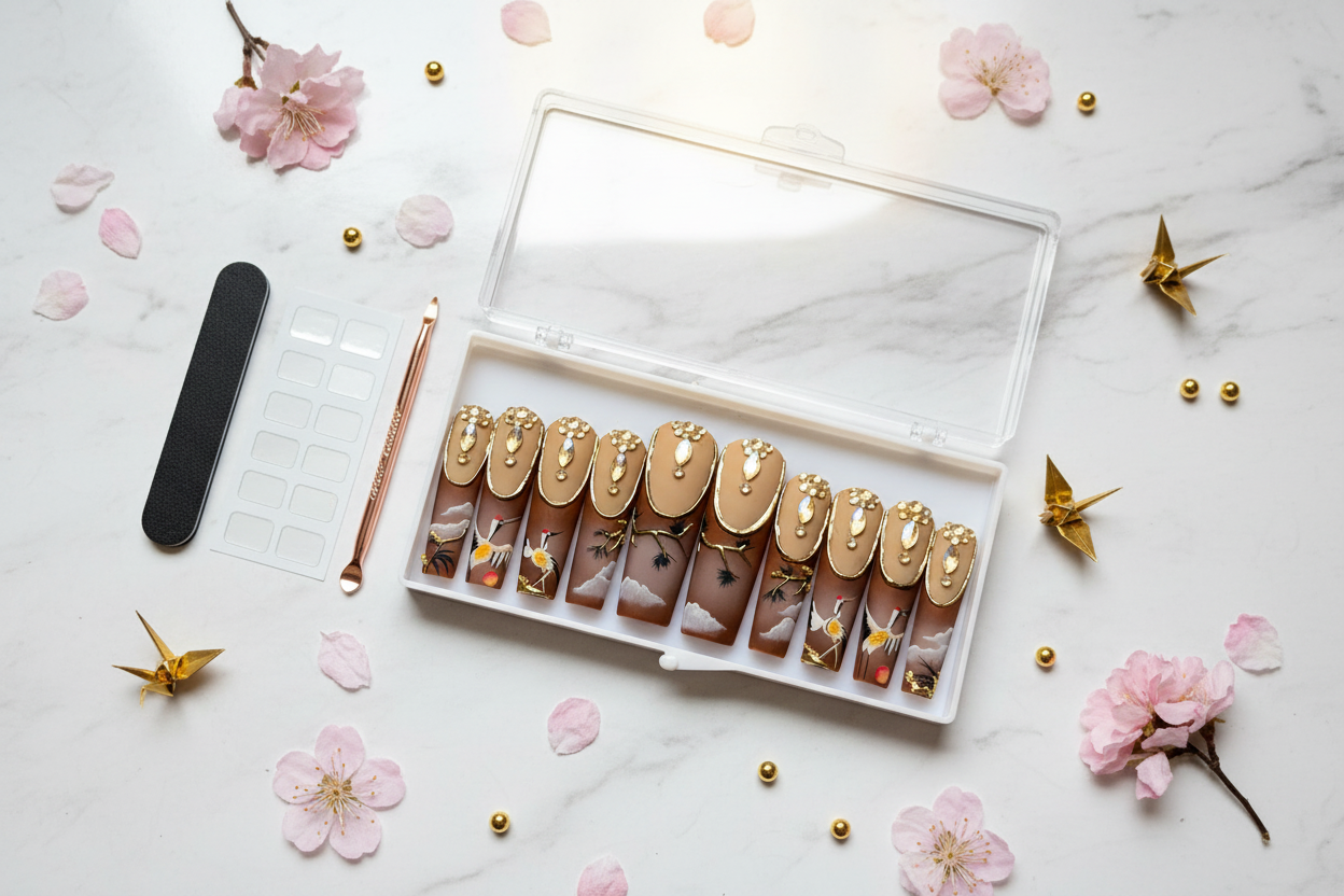 Luxury unboxing acrylic box Japanese crane art brown gold frame 3D flower press-on nails with accessories — LuxepressCo