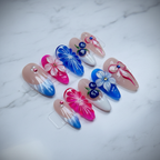 Full set 10 pink blue floral cherry bow 3D gel custom press-on nails on marble — LuxepressCo