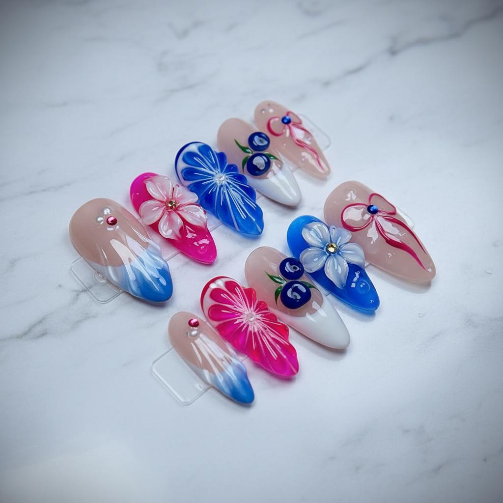 Full set 10 pink blue floral cherry bow 3D gel custom press-on nails on marble — LuxepressCo