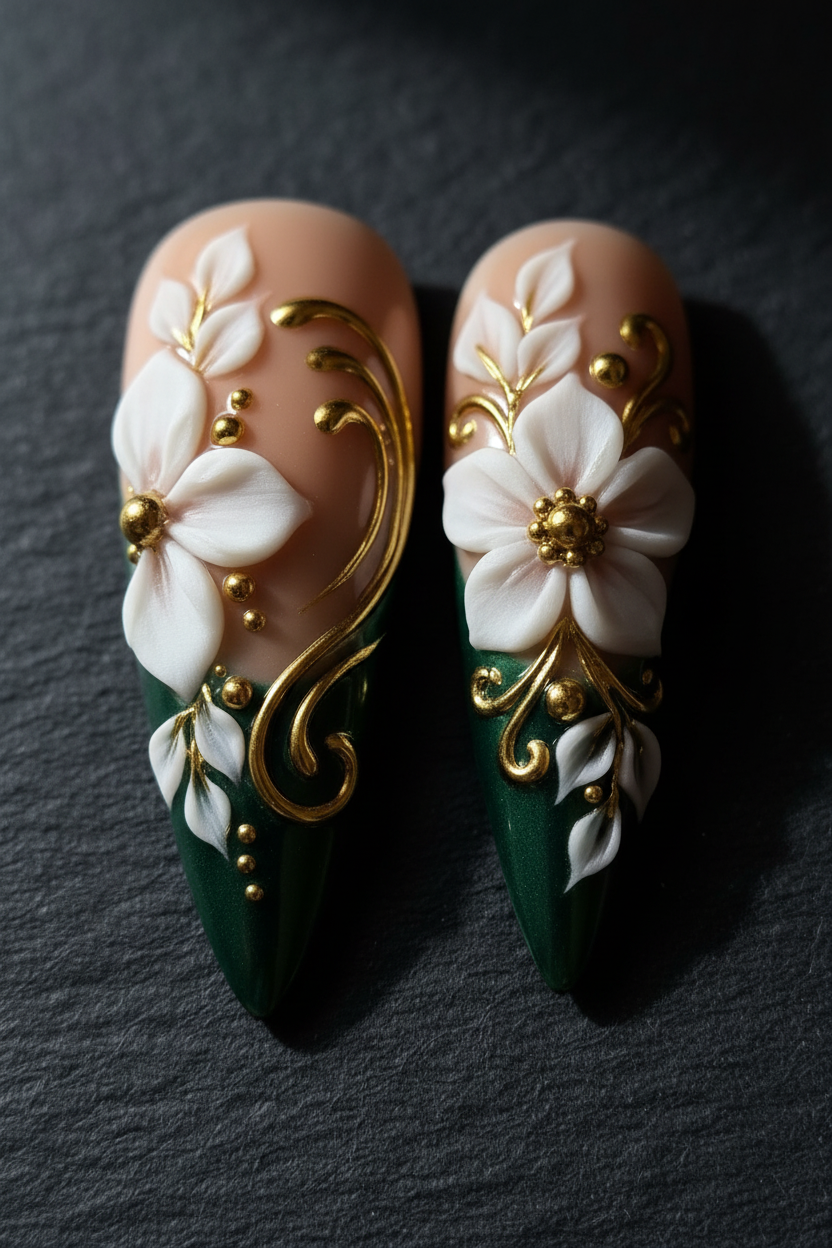 Macro close-up 3D white porcelain flower gold metallic swirl stiletto custom press-on nails dramatic lighting — LuxepressCo