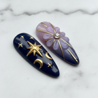 Close-up 3D flower crystal center lavender navy ombre press-on nails texture gloss — LuxepressCo