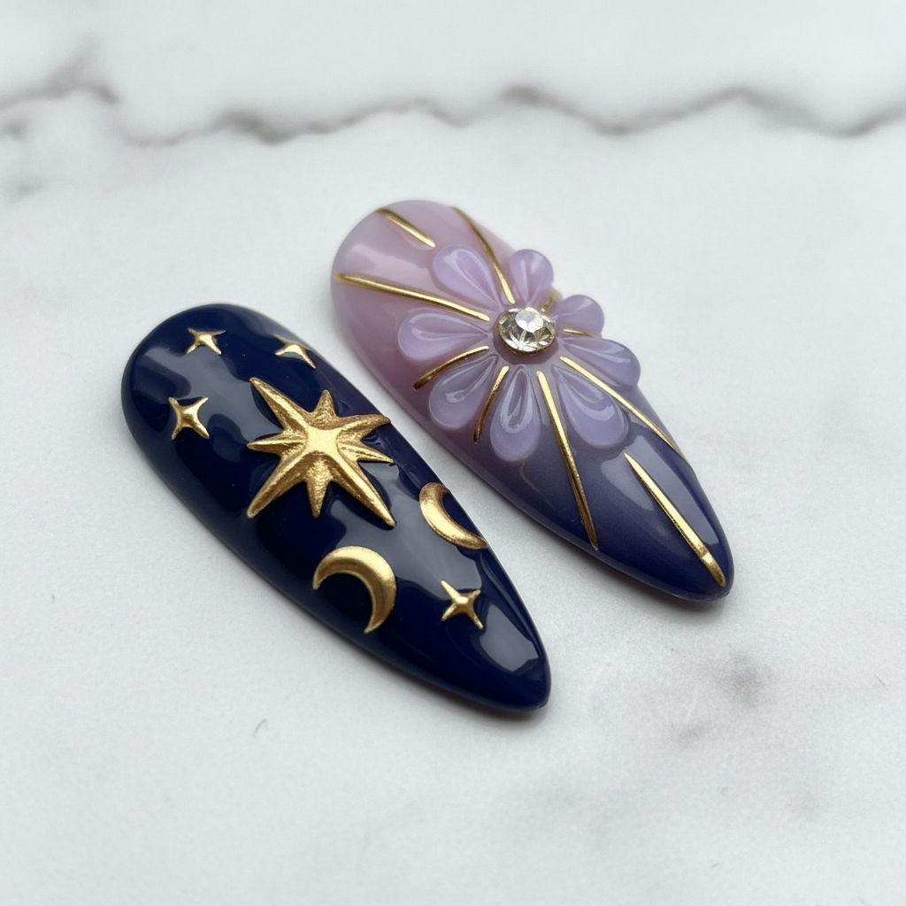Close-up 3D flower crystal center lavender navy ombre press-on nails texture gloss — LuxepressCo