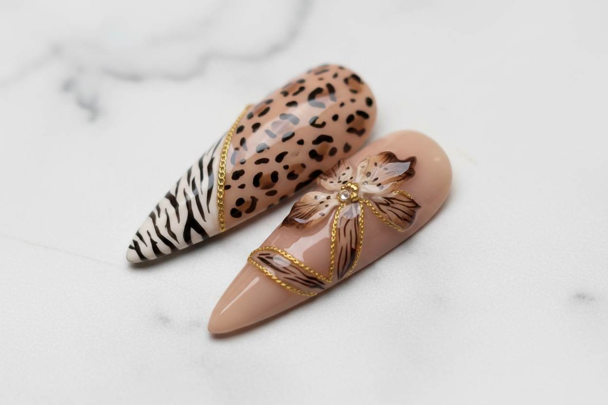 Close-up zebra stripe gold chain glossy custom press-on nails almond shape — LuxepressCo