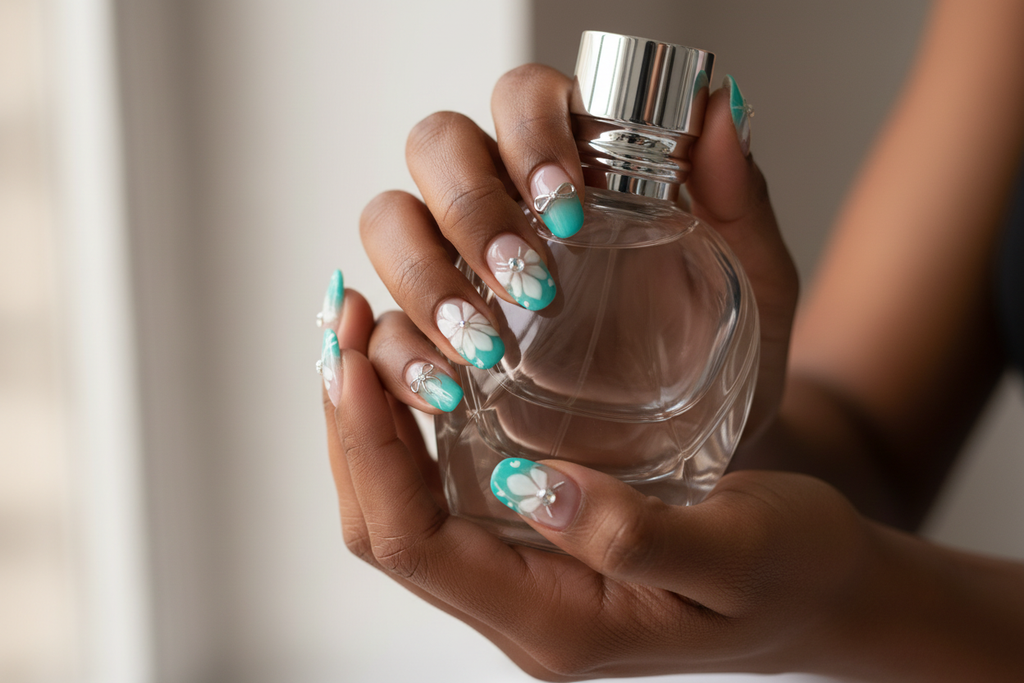 Dark skin hands holding perfume wearing teal floral bow custom press-on nails inclusive beauty — LuxepressCo
