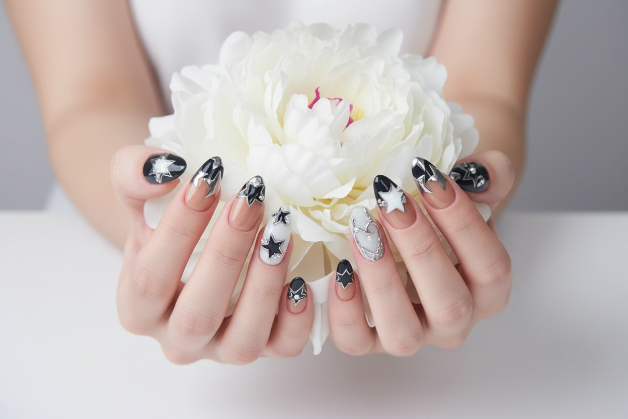 Fair-skin hands wearing black star chrome custom press-on nails holding white peony — LuxepressCo