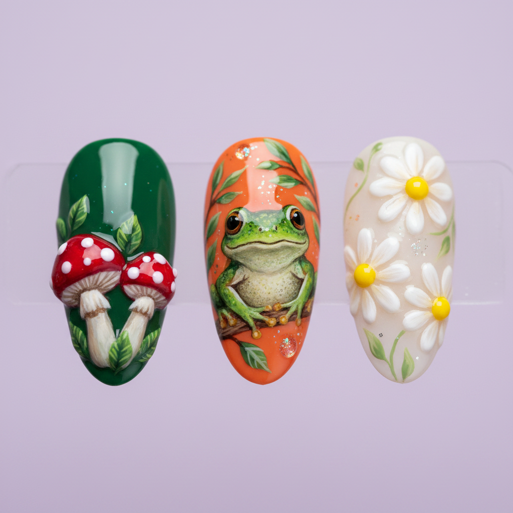 Macro close-up 3D red mushroom frog daisy ladybug cottagecore custom press-on nails — LuxepressCo