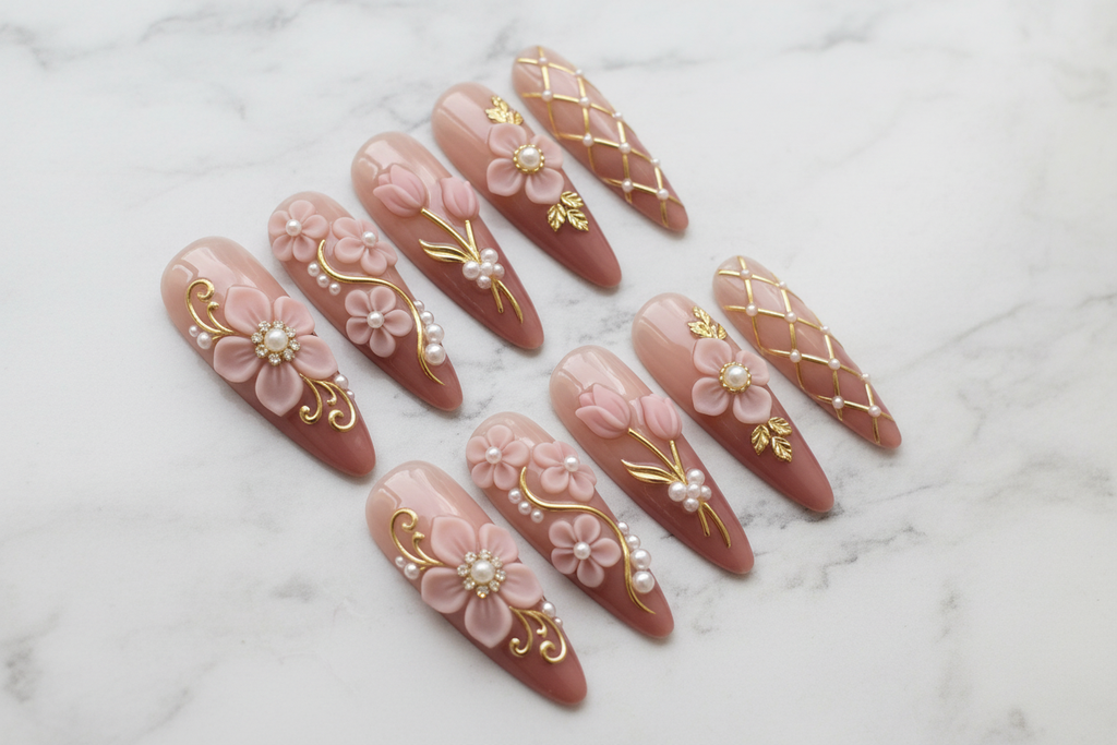 Full set 10 pink 3D floral gold pearl almond press-on nails on marble background custom press-on nails pink gold — LuxepressCo