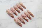 Full set 10 pink 3D floral gold pearl almond press-on nails on marble background custom press-on nails pink gold — LuxepressCo